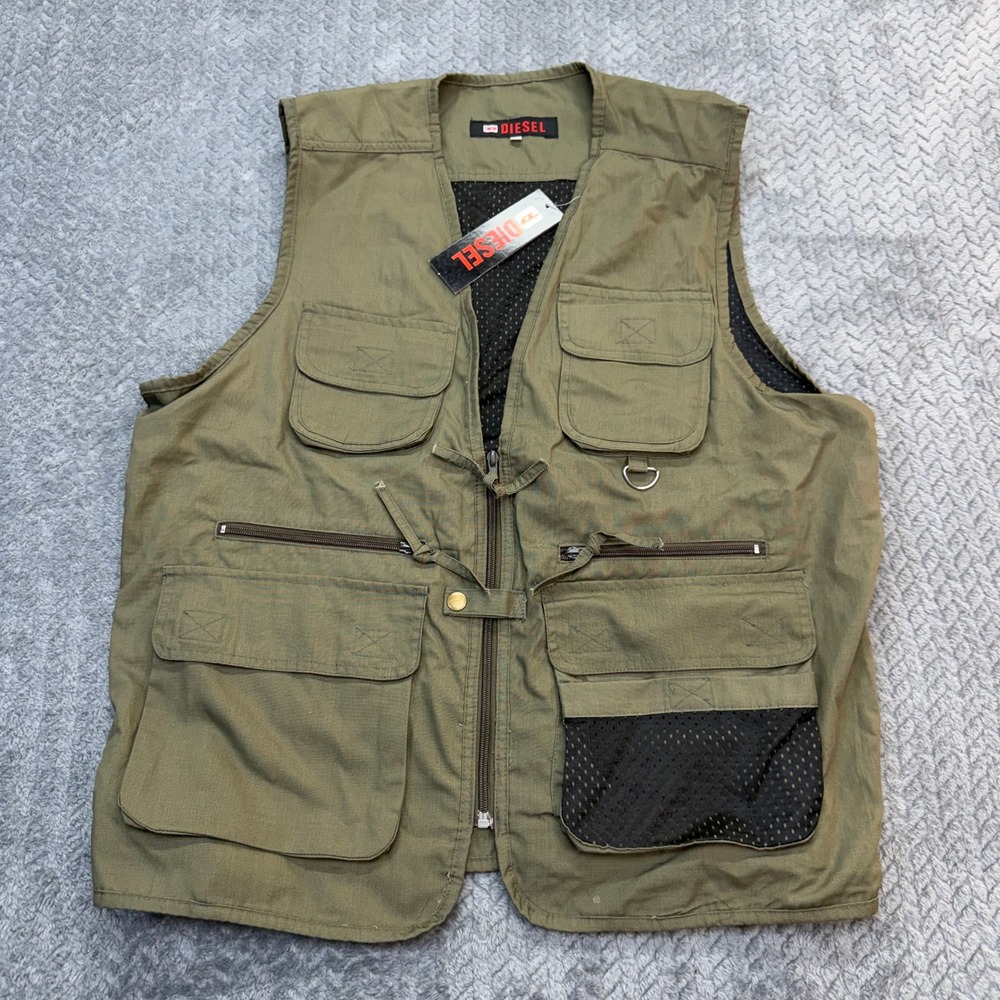 Diesel Utility Vest Mens Large Fishing Gorpcore Olive Green Multi Pocket New